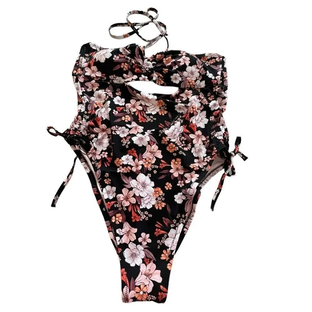 Shade and Shore Black Floral Halter Keyhole Bandeau One Piece Swimsuit